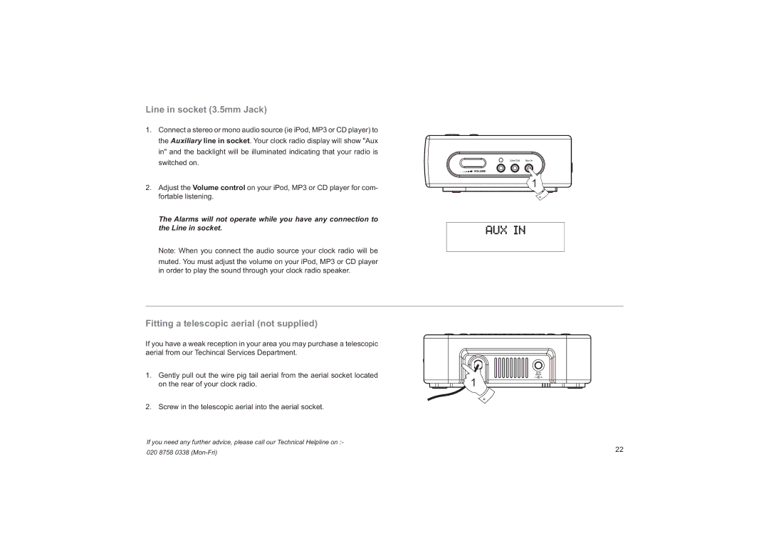 Roberts Radio CRD-19 manual Line in socket 3.5mm Jack, Fitting a telescopic aerial not supplied 