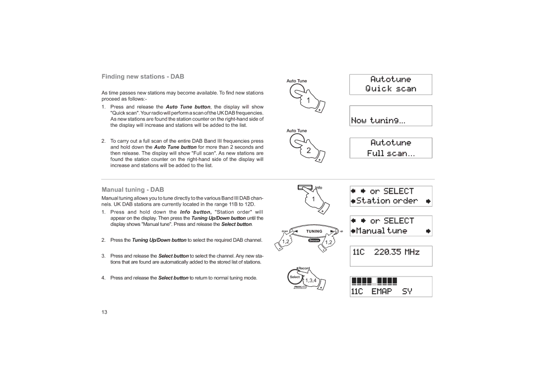 Roberts Radio CRD-33 manual Finding new stations DAB, Manual tuning DAB 