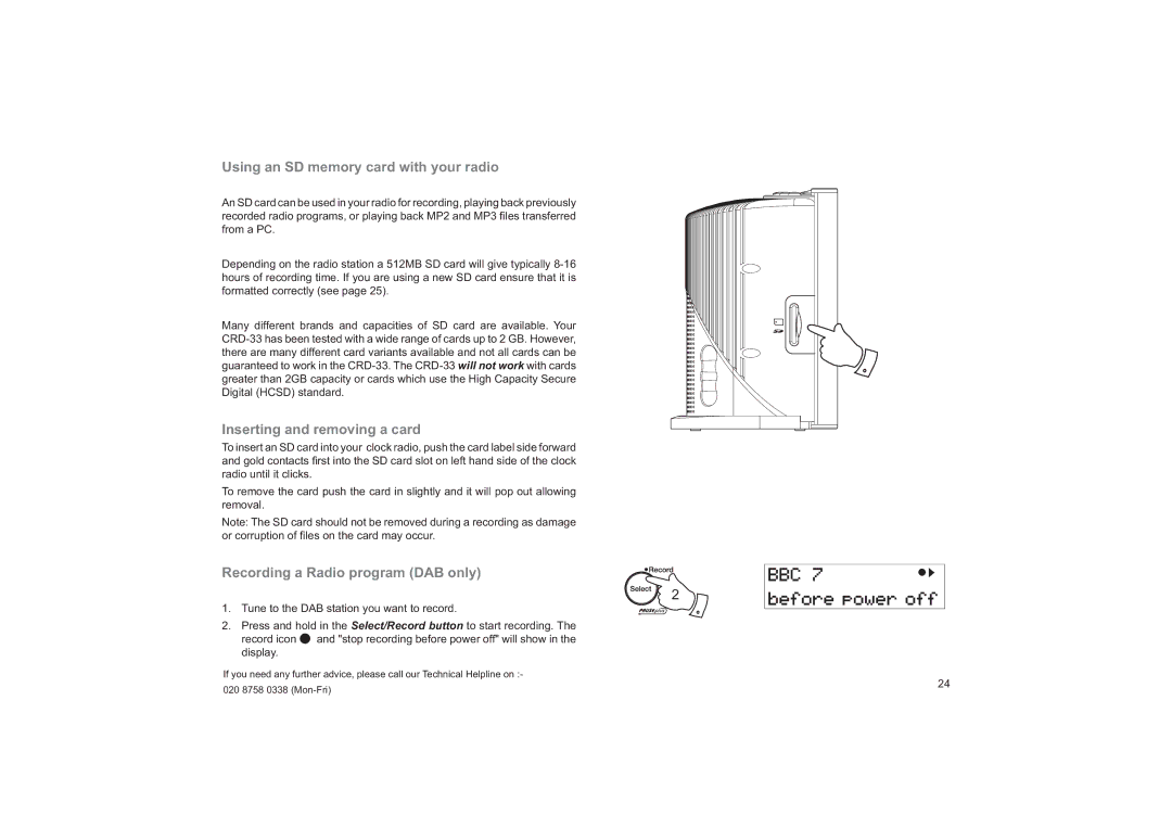 Roberts Radio CRD-33 manual Using an SD memory card with your radio, Inserting and removing a card 