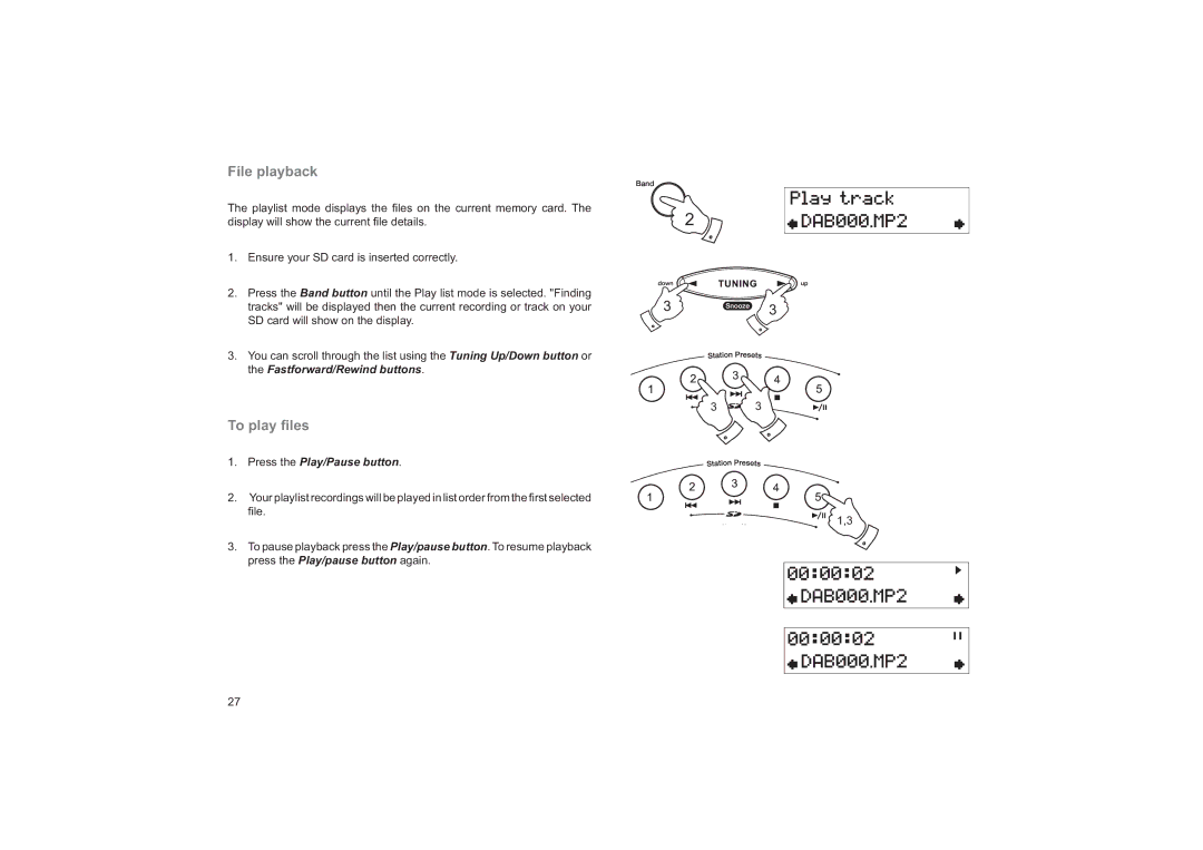 Roberts Radio CRD-33 manual File playback, To play ﬁles 