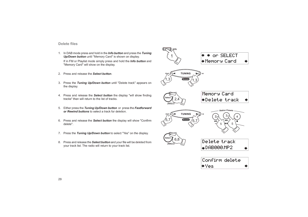 Roberts Radio CRD-33 manual Delete ﬁles 