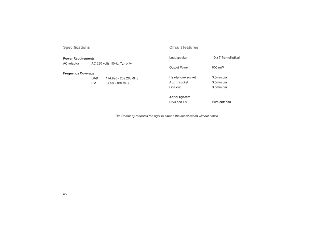 Roberts Radio CRD-33 manual Speciﬁcations Circuit features, Aerial System 