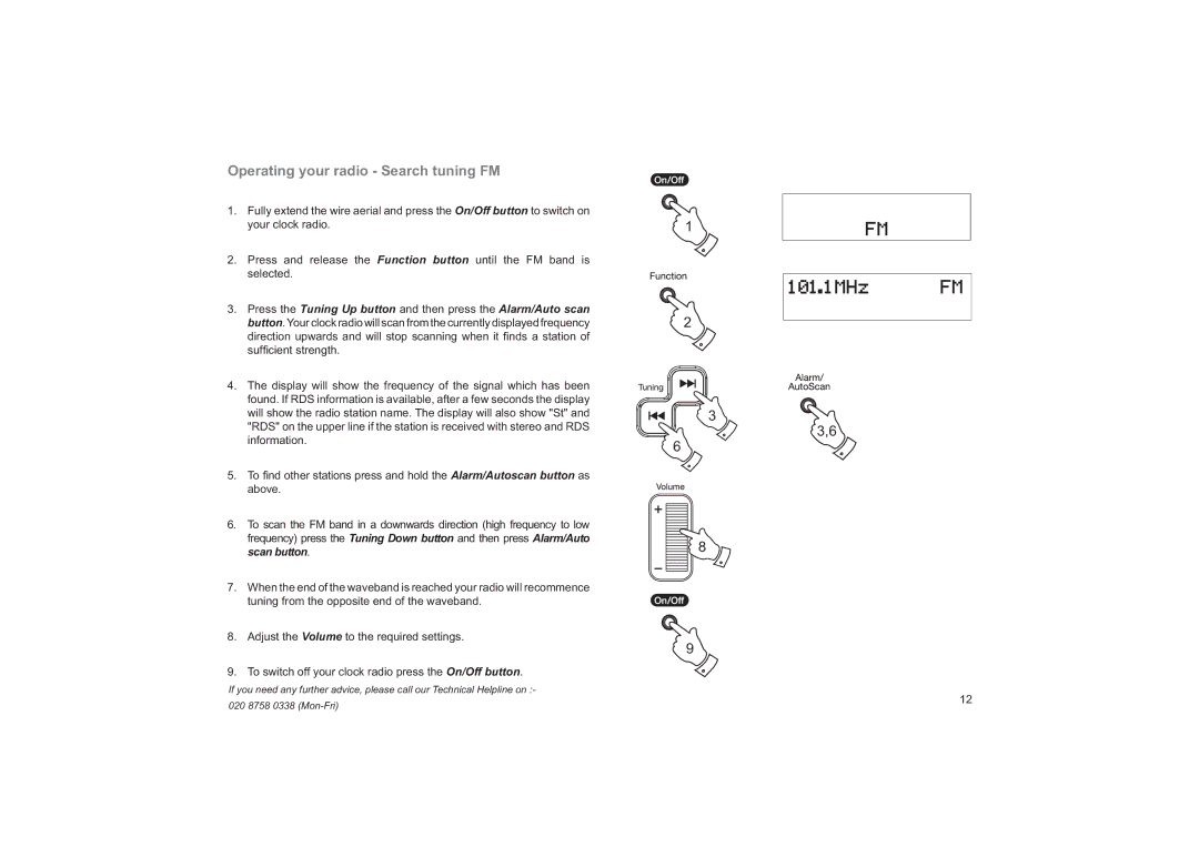 Roberts Radio CRD-37 manual Operating your radio Search tuning FM 