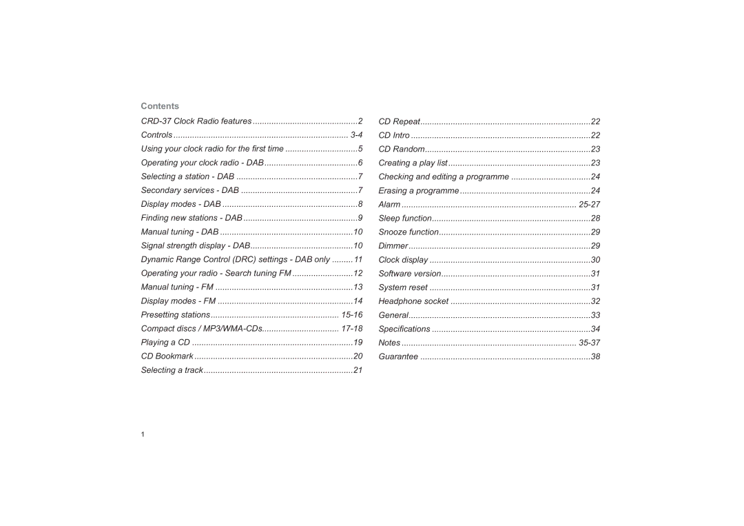 Roberts Radio CRD-37 manual Contents 