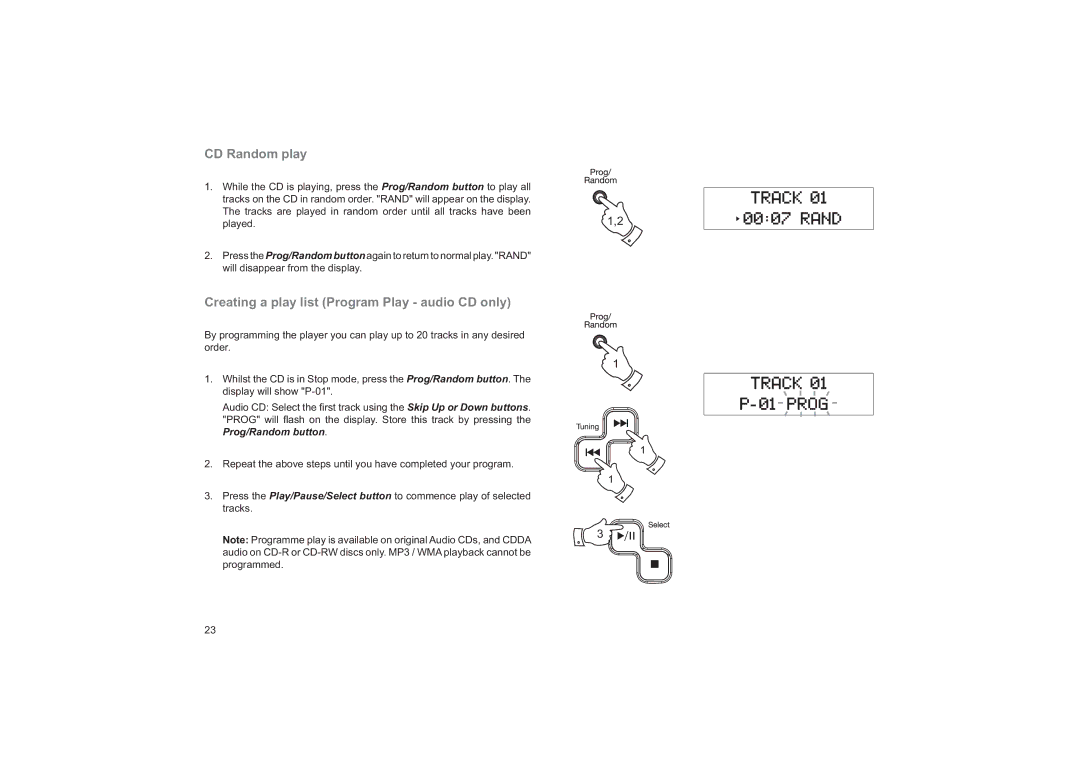 Roberts Radio CRD-37 manual CD Random play, Creating a play list Program Play audio CD only 