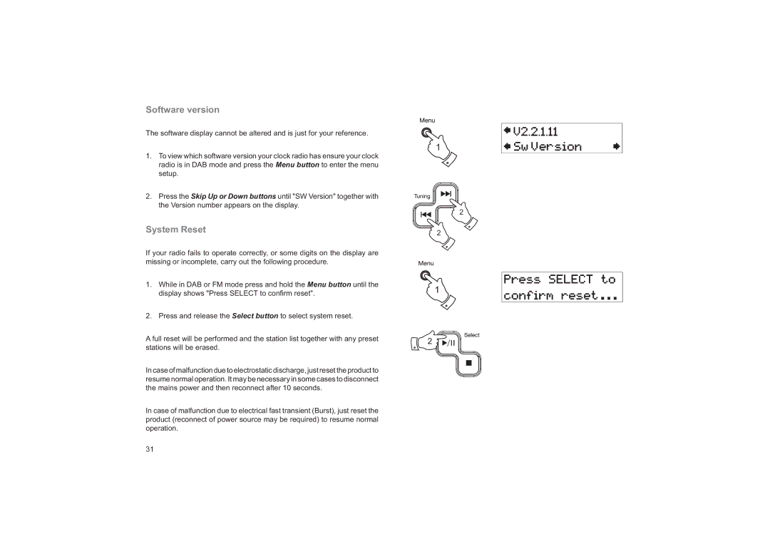 Roberts Radio CRD-37 manual Software version, System Reset 