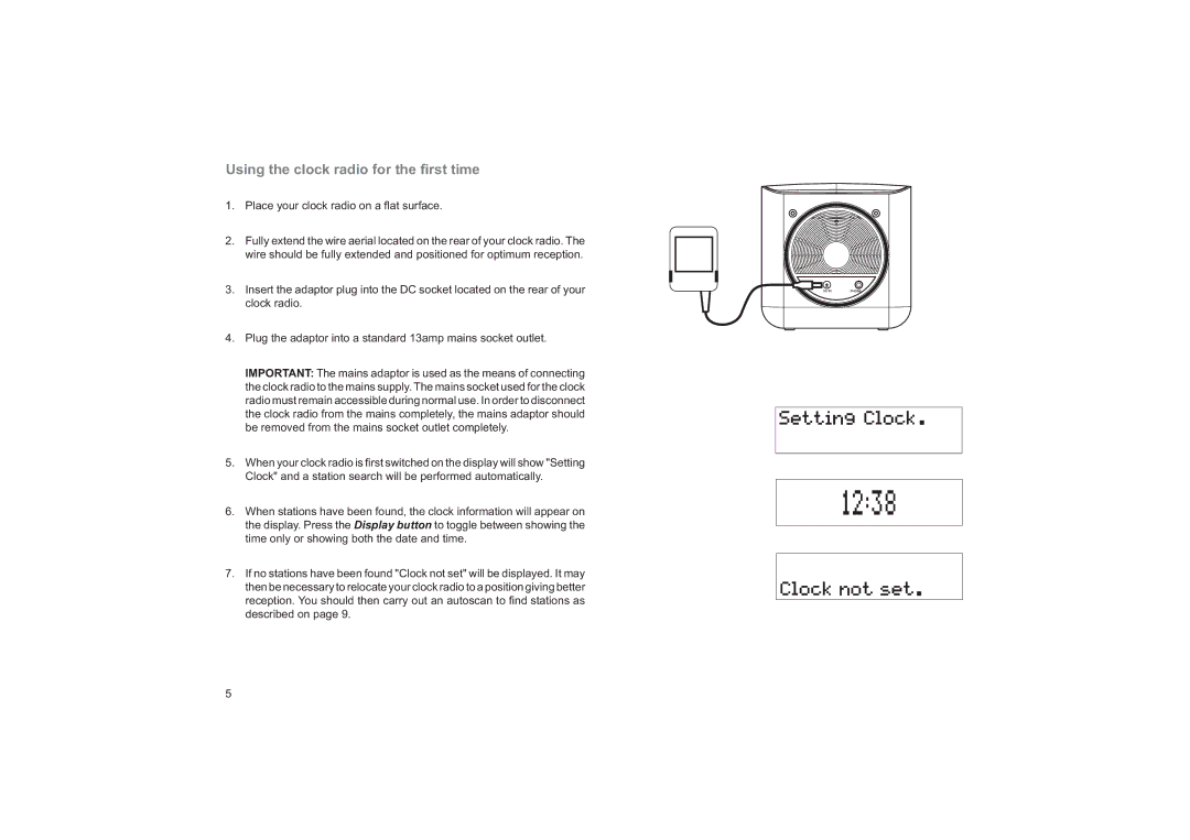 Roberts Radio CRD-37 manual Using the clock radio for the ﬁrst time, Place your clock radio on a ﬂ at surface 