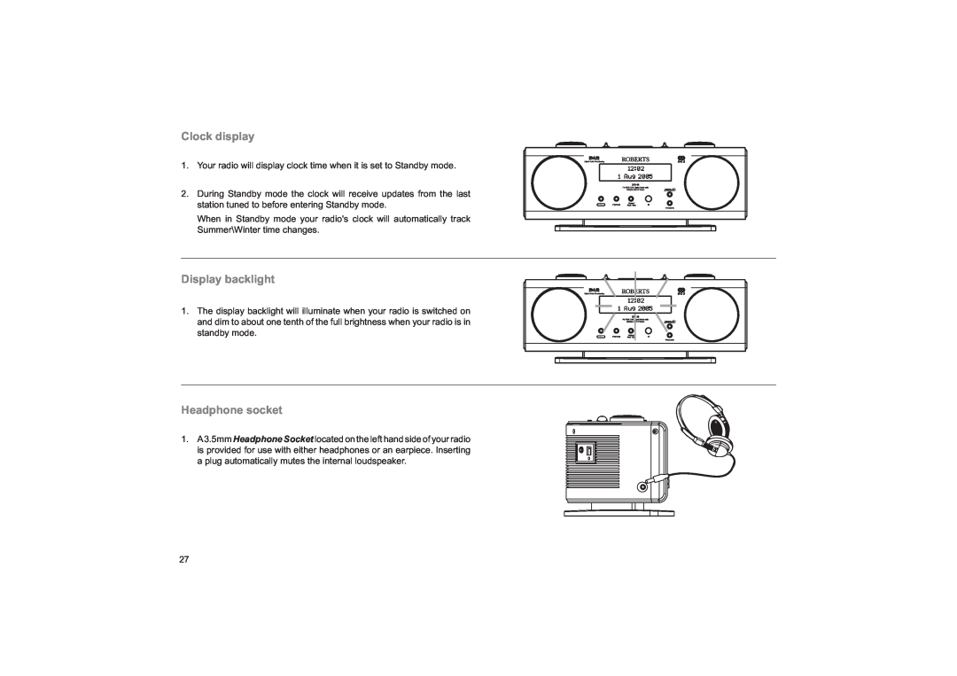 Roberts Radio CRD-39 manual Clock display, Display backlight, Headphone socket 