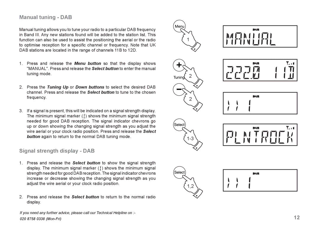 Roberts Radio CRD-42 manual Manual tuning DAB, Signal strength display DAB 