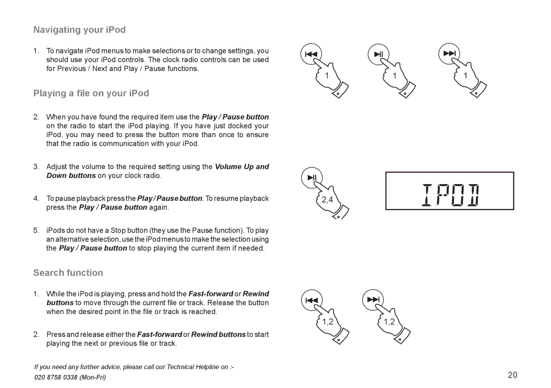 Roberts Radio CRD-42 manual Navigating your iPod, Playing a ﬁle on your iPod, Search function 