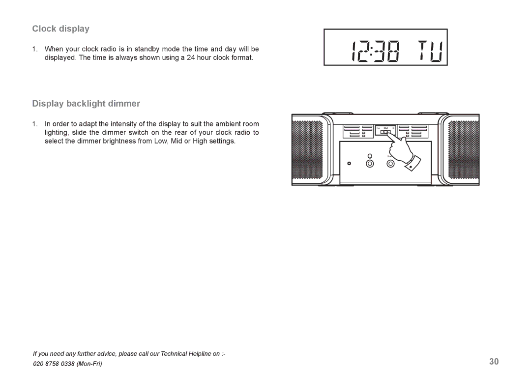 Roberts Radio CRD-42 manual Clock display, Display backlight dimmer 