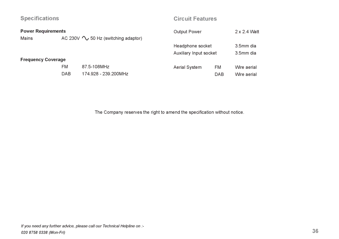 Roberts Radio CRD-42 manual Speciﬁcations Circuit Features, Power Requirements 