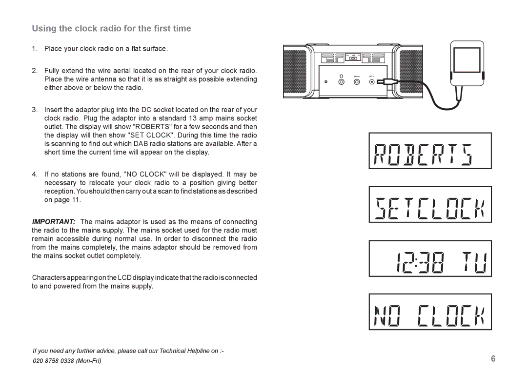 Roberts Radio CRD-42 manual Using the clock radio for the ﬁrst time 