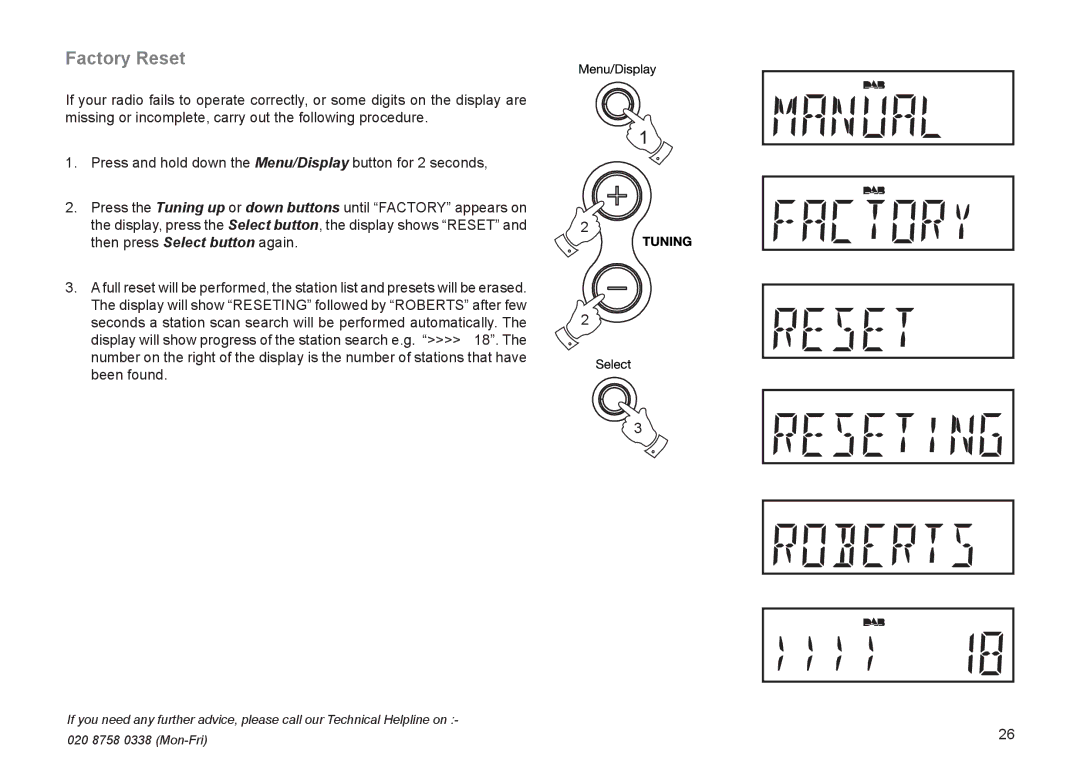 Roberts Radio CRD-51 manual Factory Reset 