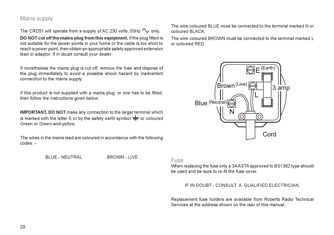 Roberts Radio CRD-51 manual Mains supply, Fuse 