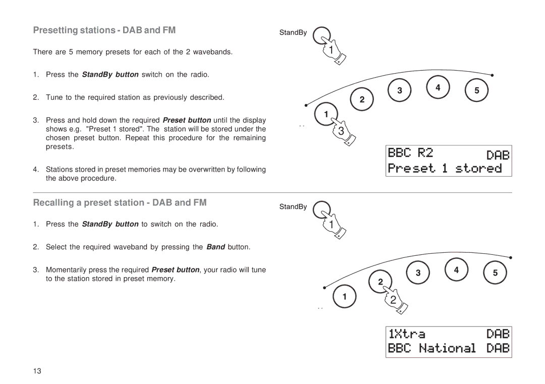 Roberts Radio CRD-9 manual Presetting stations DAB and FM, Recalling a preset station DAB and FM 