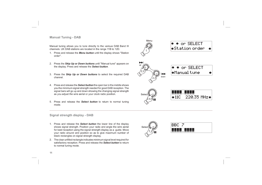 Roberts Radio CRD40 manual Manual Tuning DAB, Signal strength display DAB 