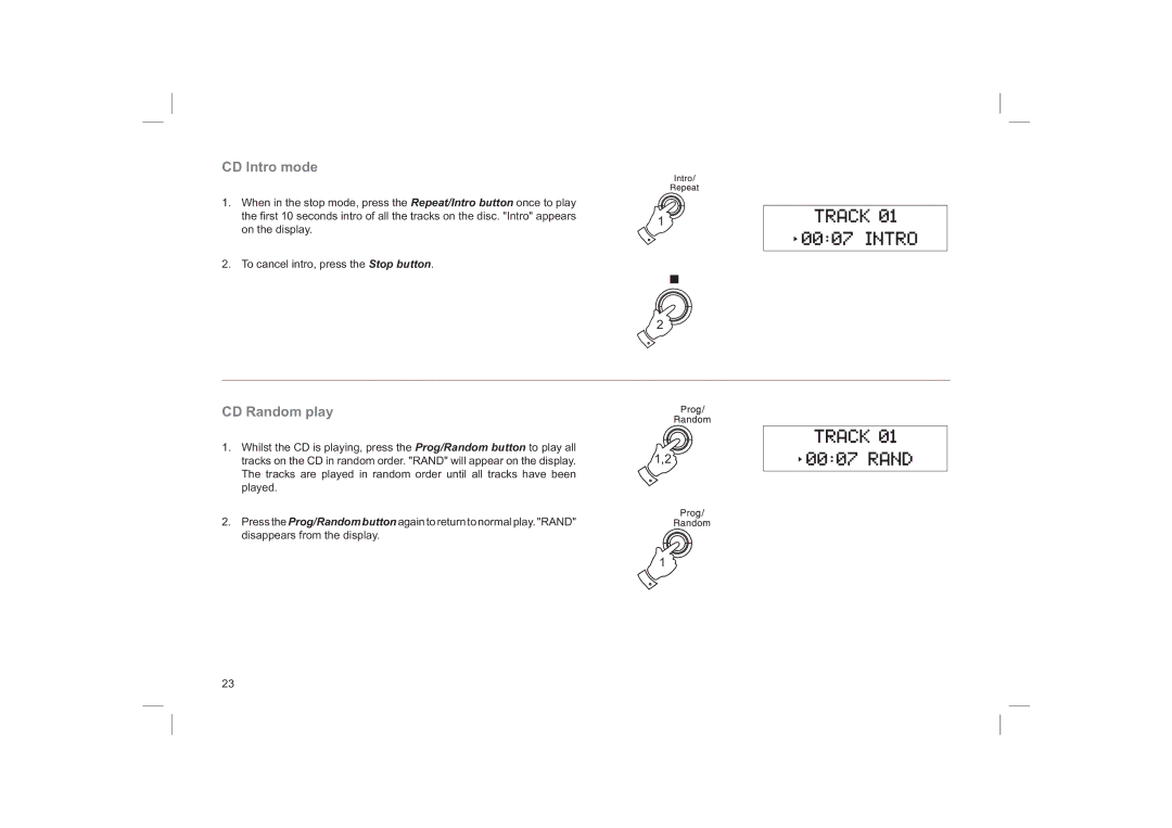 Roberts Radio CRD40 manual CD Intro mode, CD Random play 