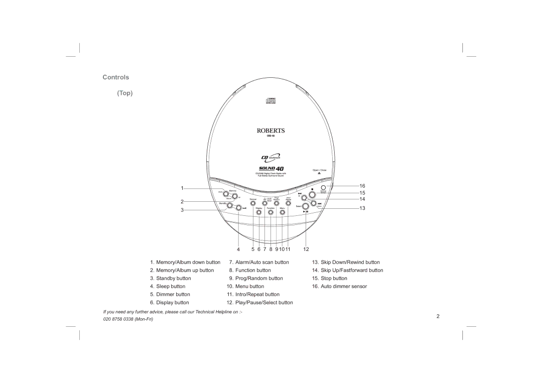 Roberts Radio CRD40 manual Controls Top 