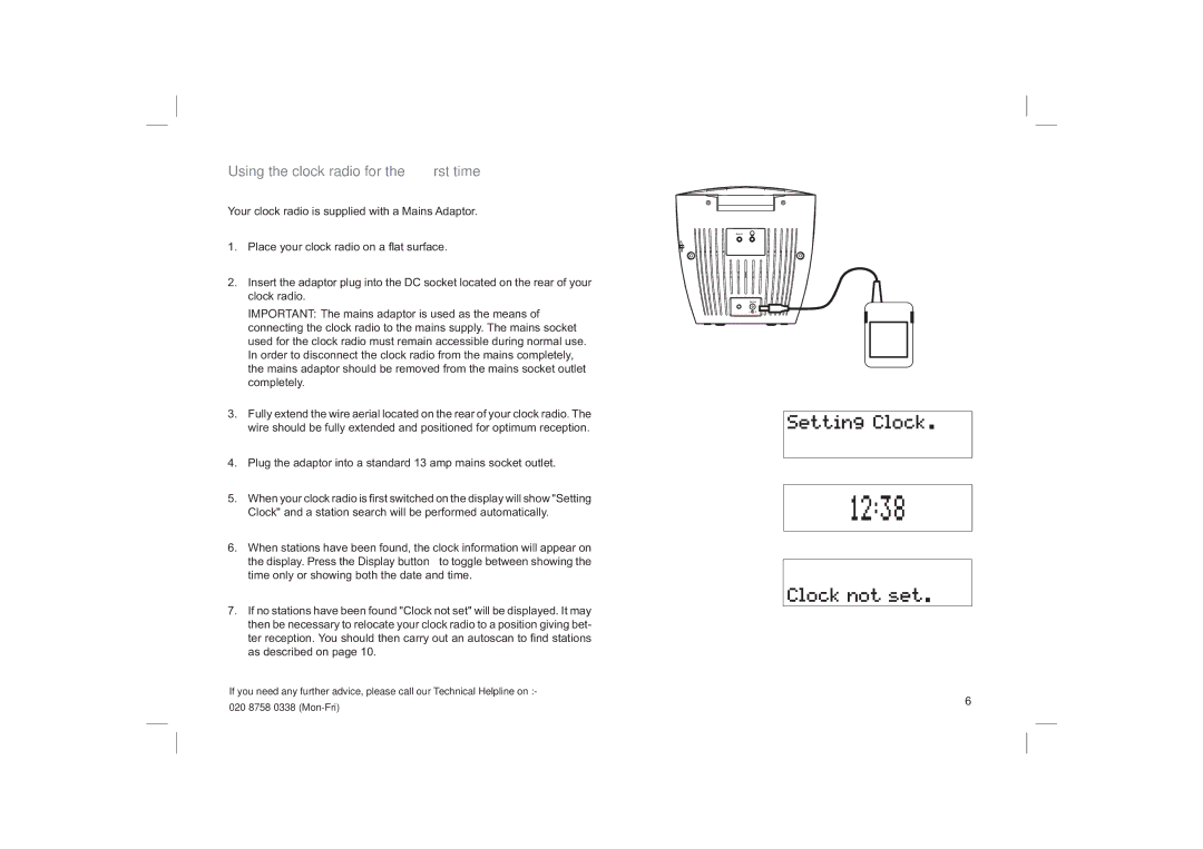 Roberts Radio CRD40 Using the clock radio for the ﬁrst time, Plug the adaptor into a standard 13 amp mains socket outlet 