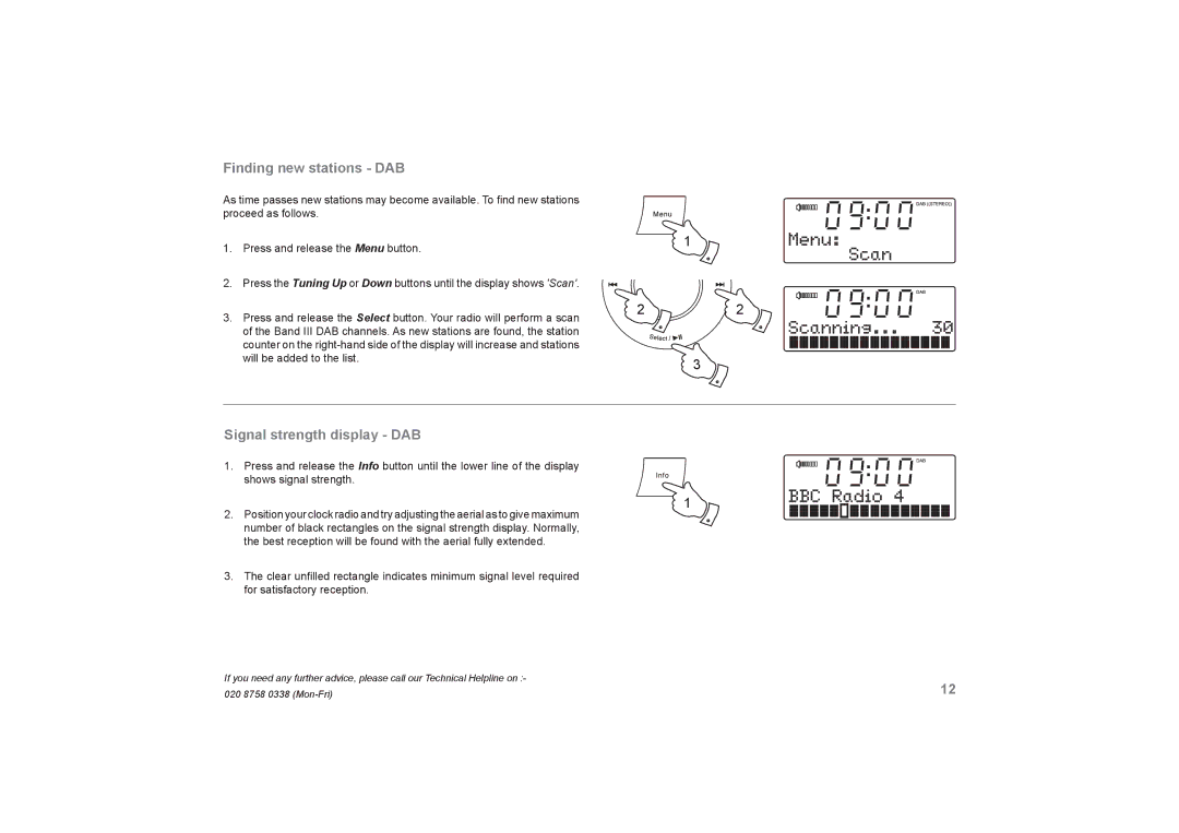 Roberts Radio DreamDock manual Finding new stations DAB, Signal strength display DAB 