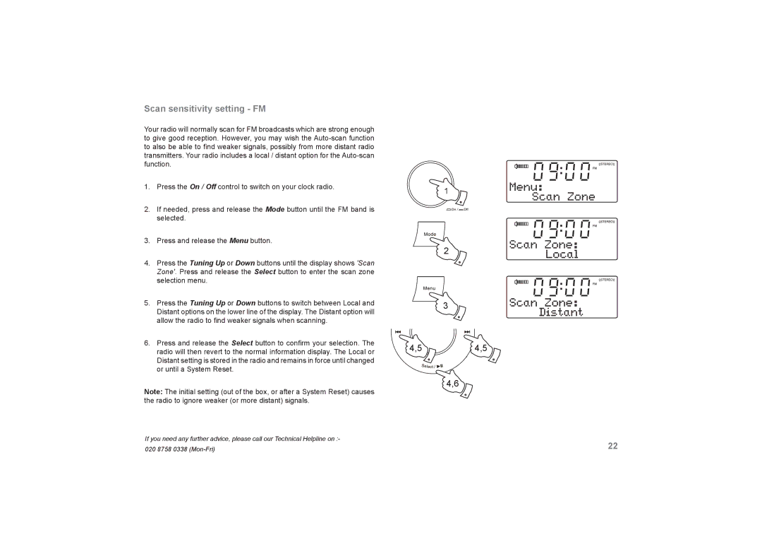 Roberts Radio DreamDock manual Scan sensitivity setting FM 