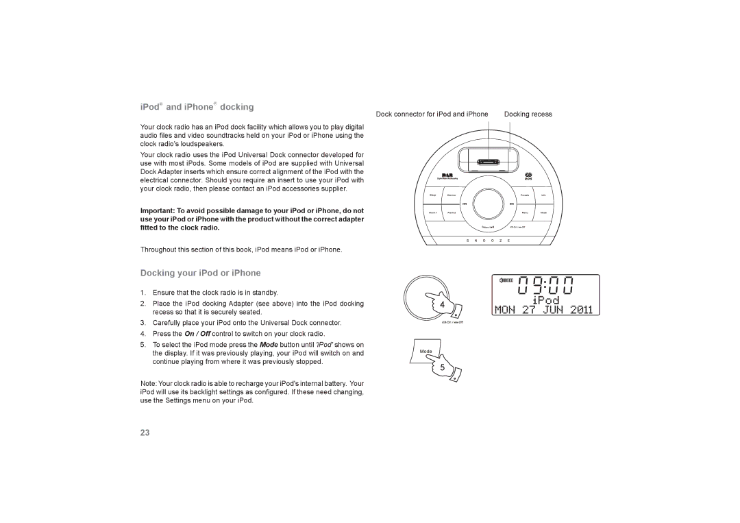 Roberts Radio DreamDock manual IPod and iPhone docking, Docking your iPod or iPhone 