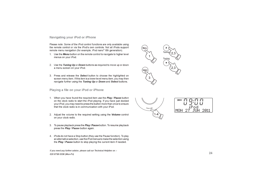 Roberts Radio DreamDock manual Navigating your iPod or iPhone, Playing a ﬁle on your iPod or iPhone 