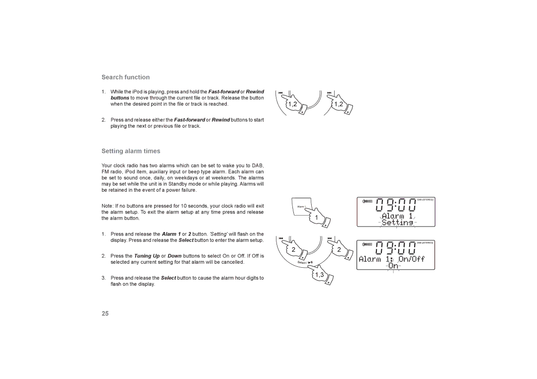 Roberts Radio DreamDock manual Search function, Setting alarm times 