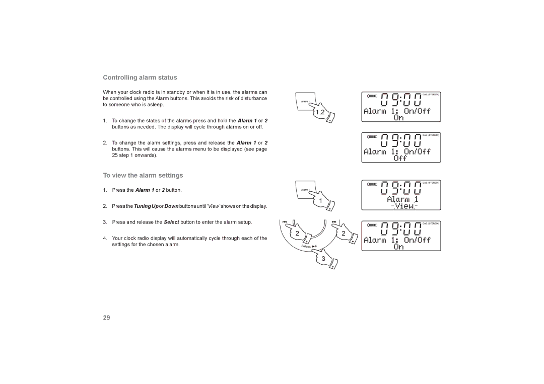 Roberts Radio DreamDock manual Controlling alarm status, To view the alarm settings 