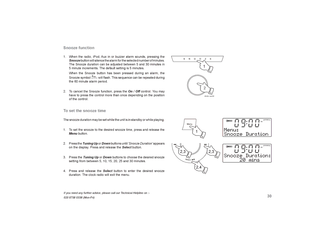 Roberts Radio DreamDock manual Snooze function, To set the snooze time 