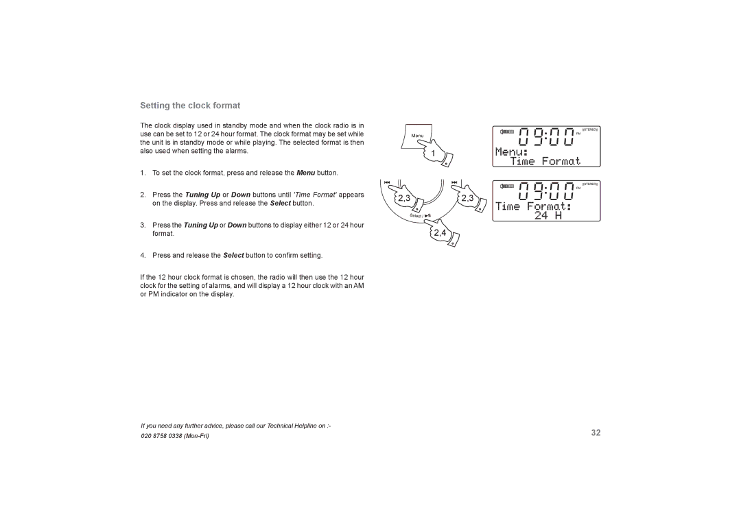 Roberts Radio DreamDock manual Setting the clock format 