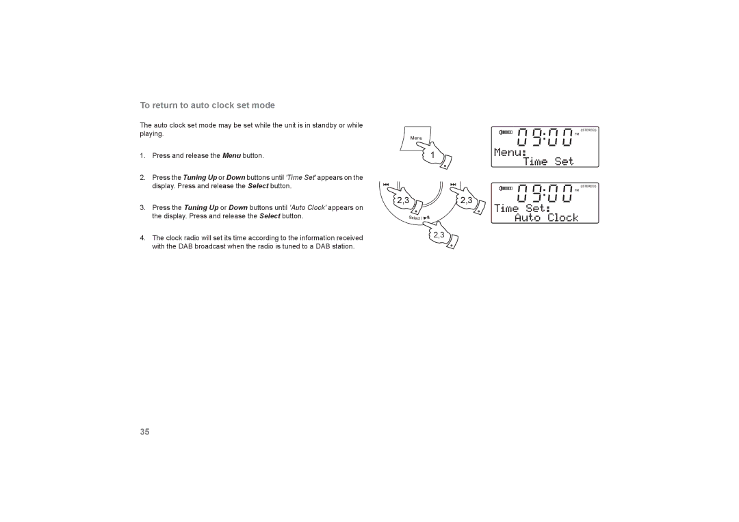 Roberts Radio DreamDock manual To return to auto clock set mode 