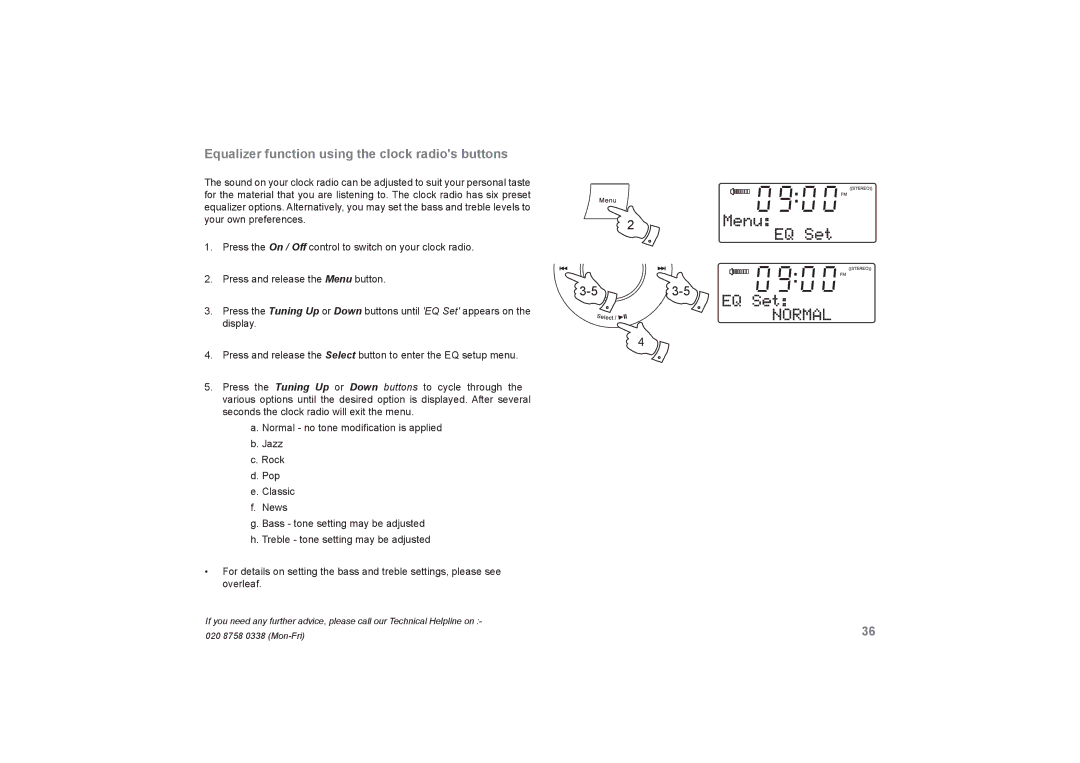 Roberts Radio DreamDock manual Equalizer function using the clock radios buttons, 53-5 