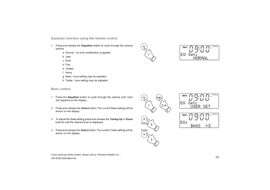 Roberts Radio DreamDock manual Equalizer function using the remote control 