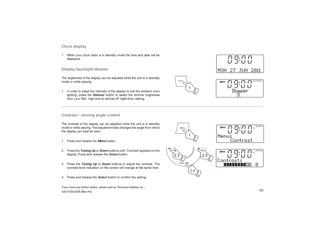 Roberts Radio DreamDock manual Clock display, Display backlight dimmer, Contrast / viewing angle control 