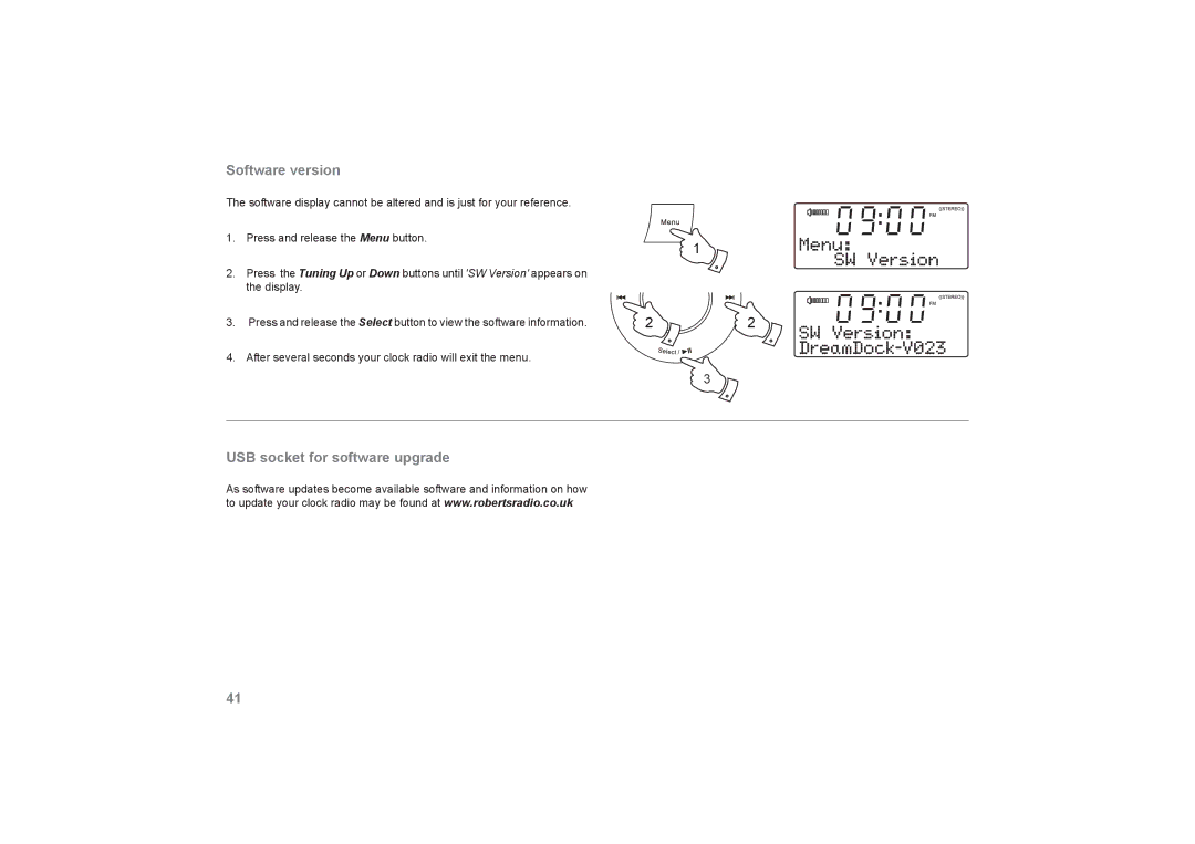 Roberts Radio DreamDock manual Software version, USB socket for software upgrade 