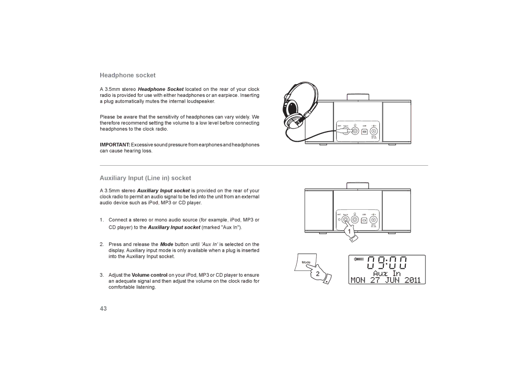 Roberts Radio DreamDock manual Headphone socket, Auxiliary Input Line in socket 