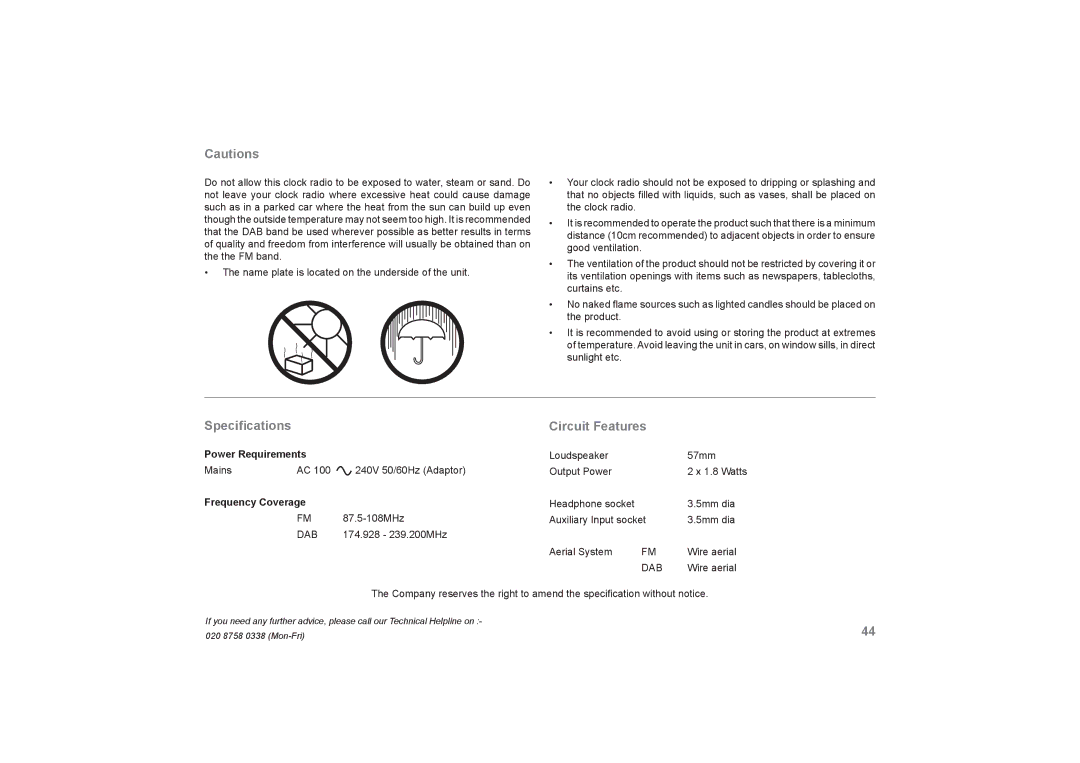 Roberts Radio DreamDock manual Speciﬁcations Circuit Features, Frequency Coverage 