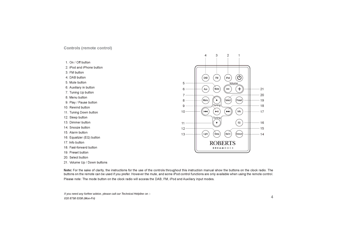 Roberts Radio DreamDock manual Controls remote control 