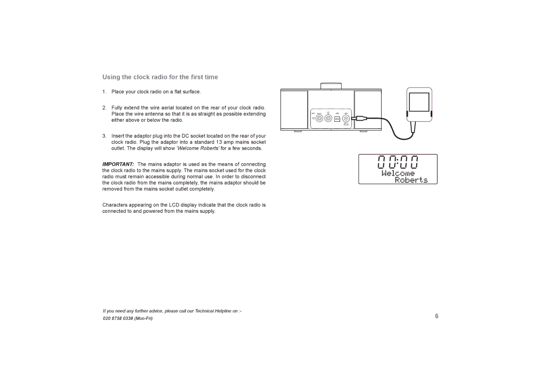 Roberts Radio DreamDock manual Using the clock radio for the ﬁrst time 