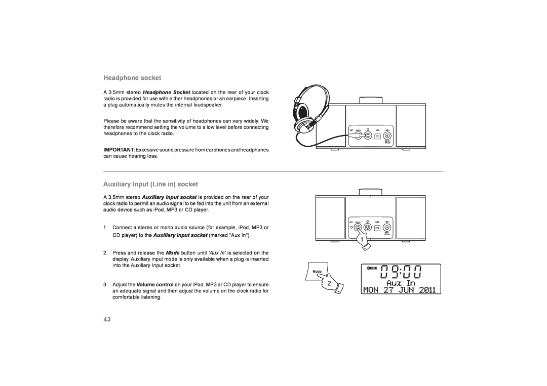 Roberts Radio DreamDock manual Headphone socket, Auxiliary Input Line in socket 