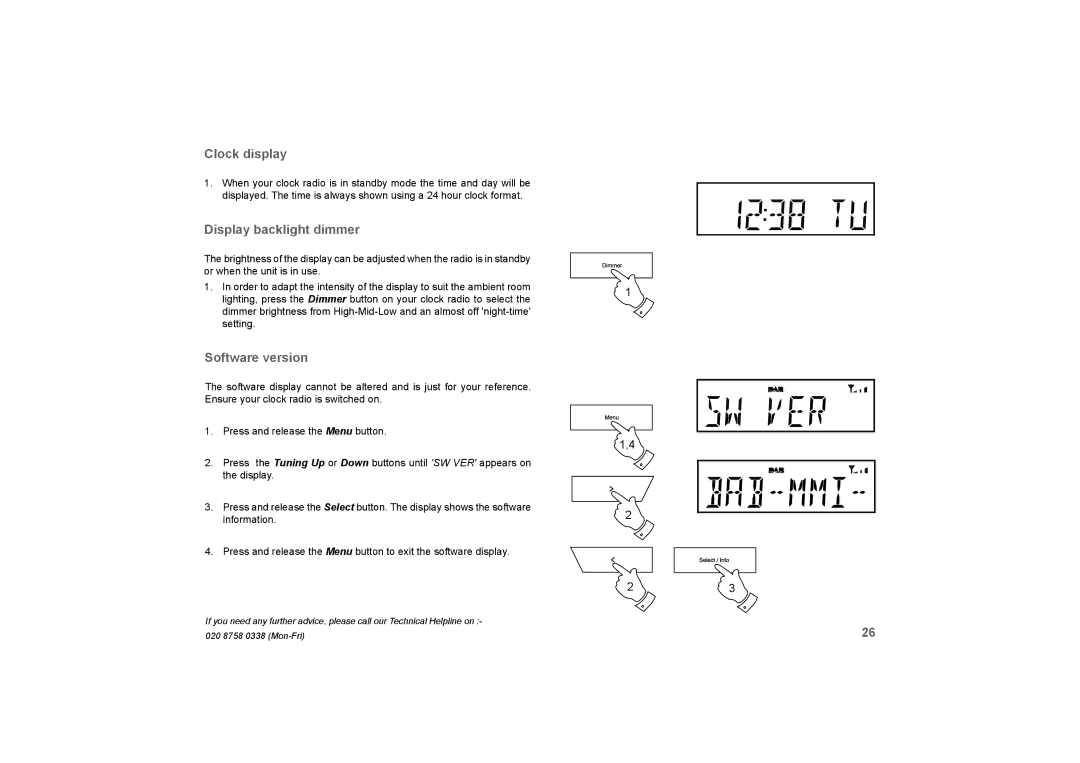 Roberts Radio DreamTime2 manual Clock display, Display backlight dimmer, Software version 