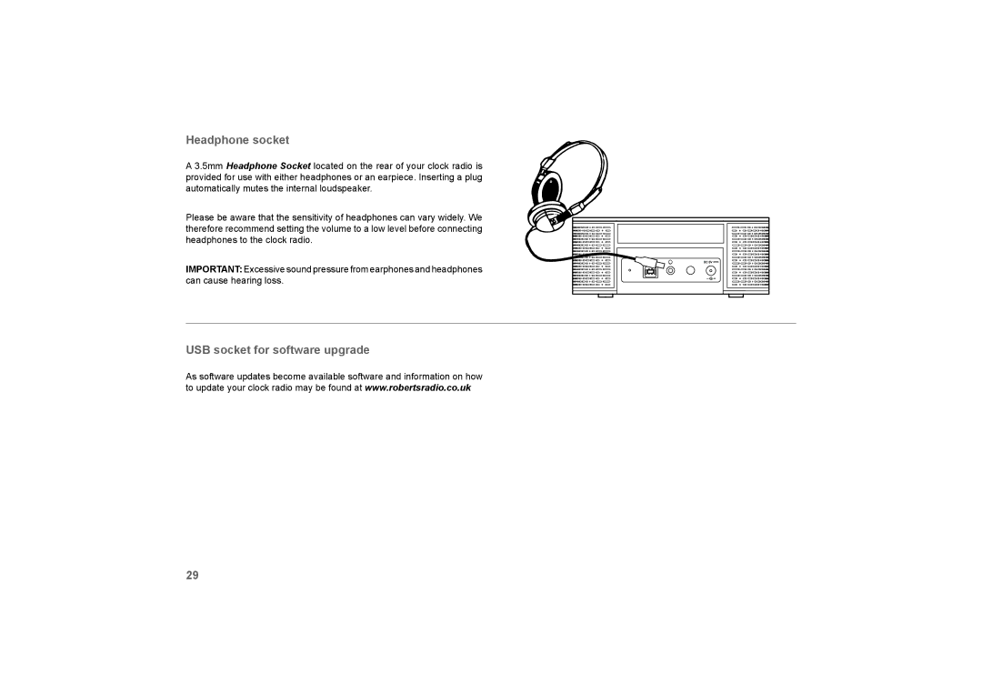 Roberts Radio DreamTime2 manual Headphone socket, USB socket for software upgrade 