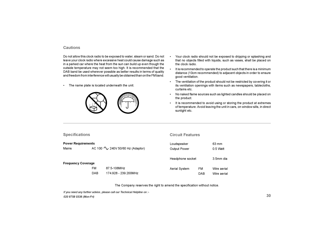 Roberts Radio DreamTime2 manual Speciﬁcations Circuit Features, Frequency Coverage 