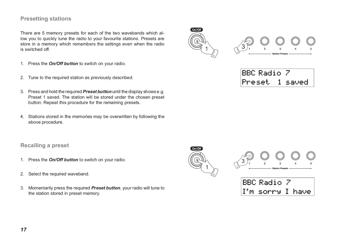 Roberts Radio ecologic 2 manual Presetting stations, Recalling a preset 