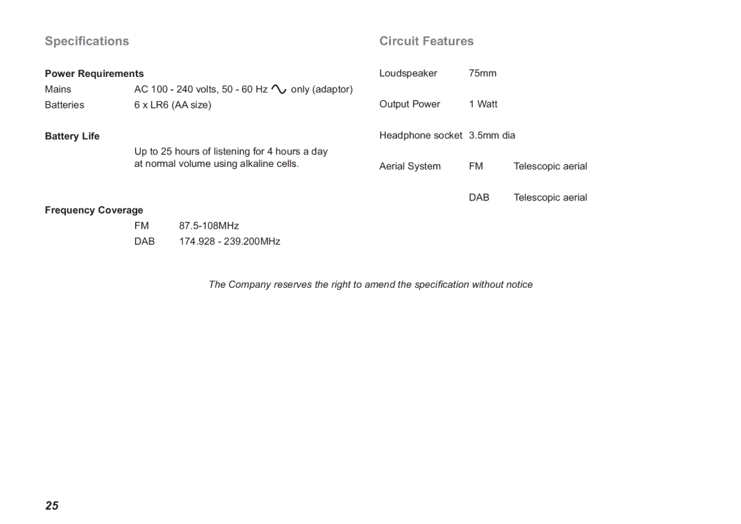 Roberts Radio ecologic 2 manual Speciﬁcations, Circuit Features 