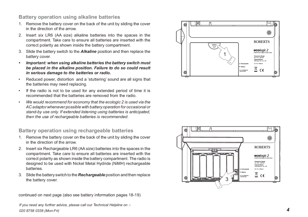 Roberts Radio ecologic 2 manual Battery operation using alkaline batteries, Battery operation using rechargeable batteries 