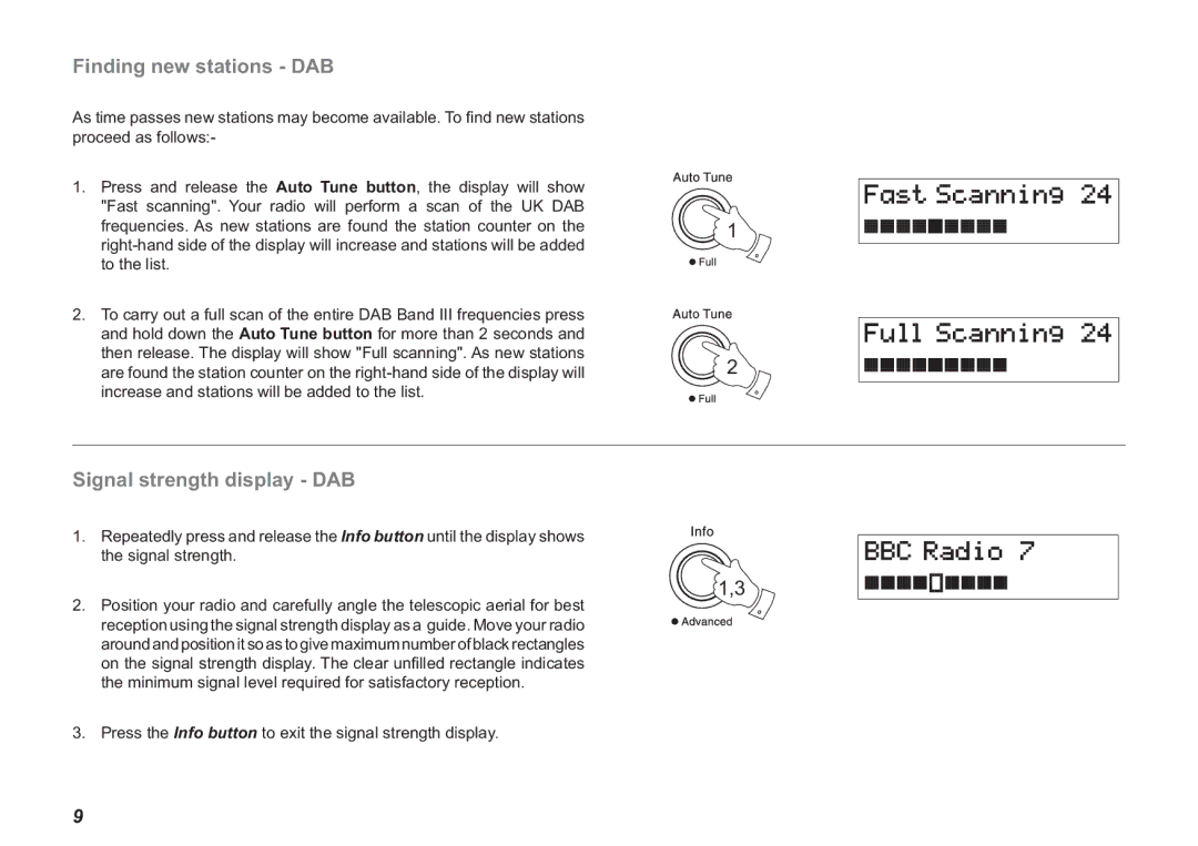 Roberts Radio Ecologic 3 manual Finding new stations DAB, Signal strength display DAB 