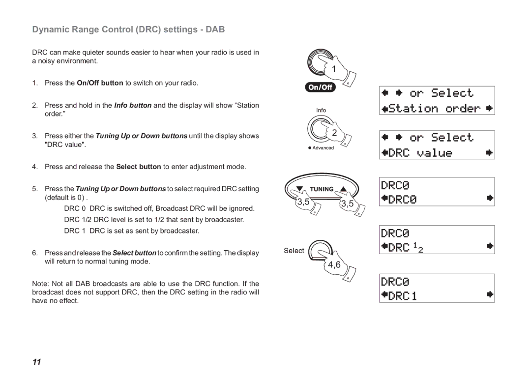 Roberts Radio Ecologic 3 manual Dynamic Range Control DRC settings DAB, Drc 